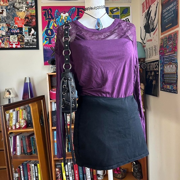 Whimsygoth dark purple lace long sleeve top with lace mesh - Picture 6 of 8